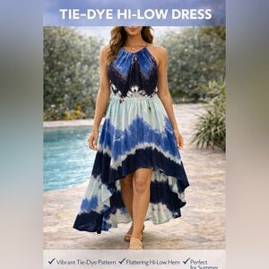 WD.NY Blue and Cream Tie-Dye Halter Hi-Low Dress